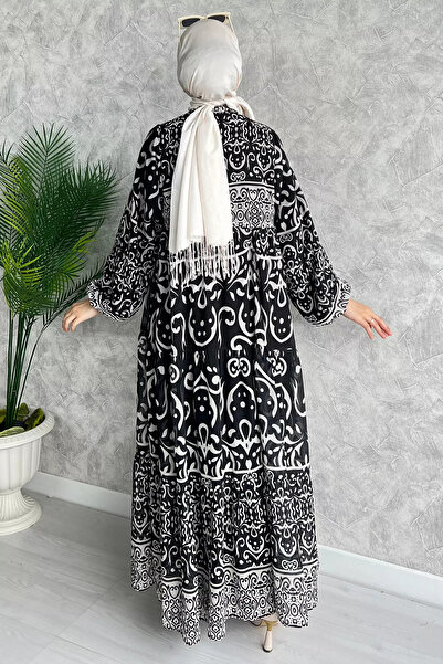 julude Black Half Button Lined Patterned Chiffon Dress