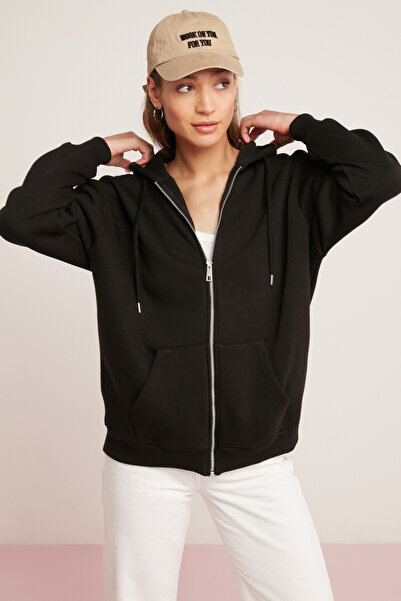 ETHIQUET Γυναικεία φλις φούτερ Oynx με μαλακή κουκούλα με φερμουάρ σε μεγάλο μέγεθος μαύρο