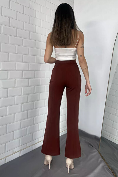 GÜLSELİ Καφέ γυναικείο παντελόνι με σκίσιμο πόδι