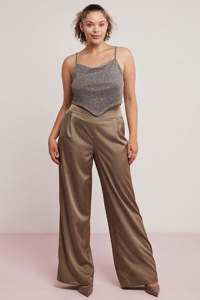 ETHIQUET Soleil Women's Satin Look Pleated Flare Mink Plus Size Trousers