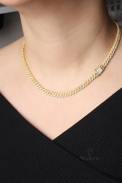 BY BARUN SİLVER Kalın Zincir Kolye 925 Ayar Gümüş Zirkon Taş Gold Renk Kolye