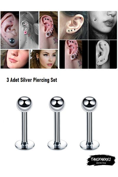 Takıparkxs 316l Surgical Steel 10mm Ball End Labret Lip Nose Ear 3 Pieces Piercing Set