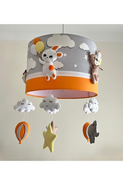 Leobabyroom Gri Bulutlu Beyaz Şeritli Turuncu Karışık Hayvan Figürlü Bebek Odası Tasarım Avize