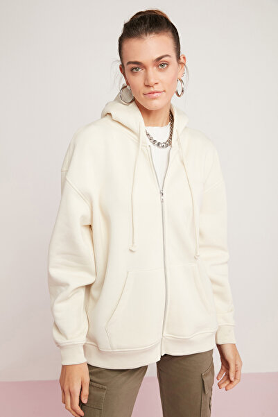 ETHIQUET Oynx Women's Fleece Soft Hooded Zippered Oversize Vanilla Sweatshirt