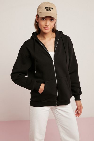 ETHIQUET Hanorac negru supradimensionat pentru femei Oynx, fleece, cu glugă, cu fermoar