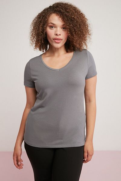 ETHIQUET Loren Women's Cotton Regular Fit V-Neck Short Sleeve Gray Large Size Body