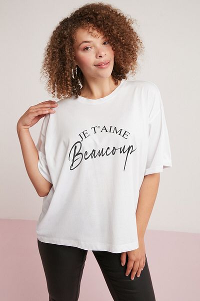 ETHIQUET Olive Women's Oversize White T-Shirt - 100% Cotton, Round Neck, Printed