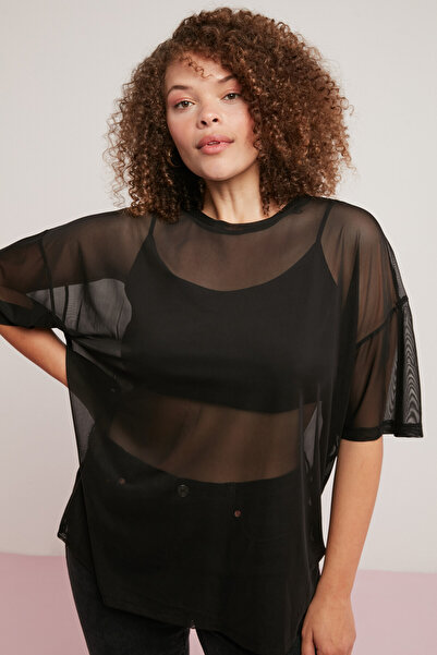 ETHIQUET Yukı Women's Mesh Bat Sleeve Black Large Size T-shirt