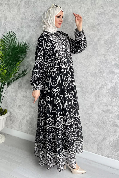 julude Black Half Button Lined Patterned Chiffon Dress