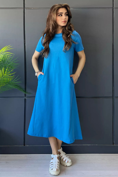 julude Blue Crew Neck Pocket Detailed Short Sleeve Dress