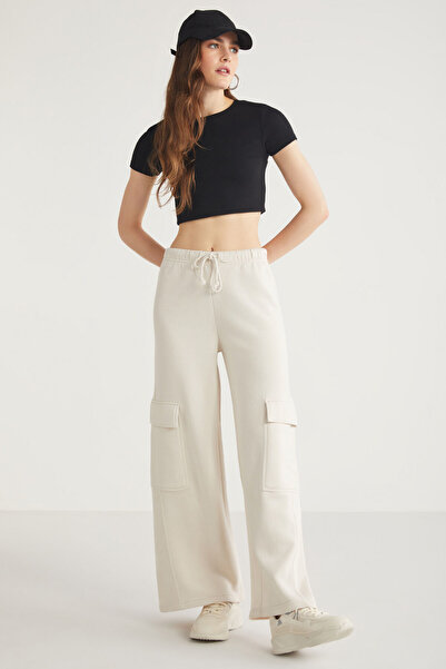 ETHIQUET Γυναικεία φούτερ φούτερ Phoebe 100% βαμβακερή μπεζ με τσέπες Cargo χωρίς φλις και ελαστική μέση