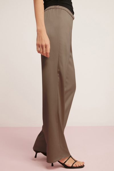 ETHIQUET Jeanne Women's Flush Viscose Satin Light Flowing Elastic Waist Wide Leg Flare Mink Trousers