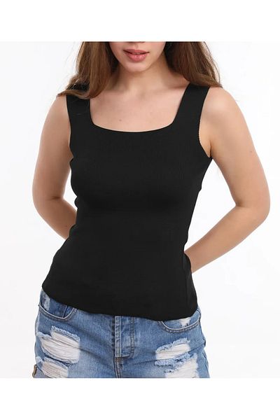 Bybeemoda Women's Black Sleeveless Blouse Thick Strap Athlete Thin Summer Square Collar Knitwear