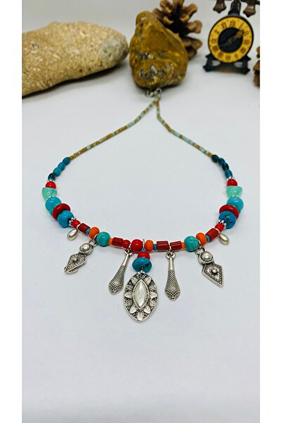 Porsuk Alternatif El yapımı tasarım cam boncuk gümüş kaplama kolye