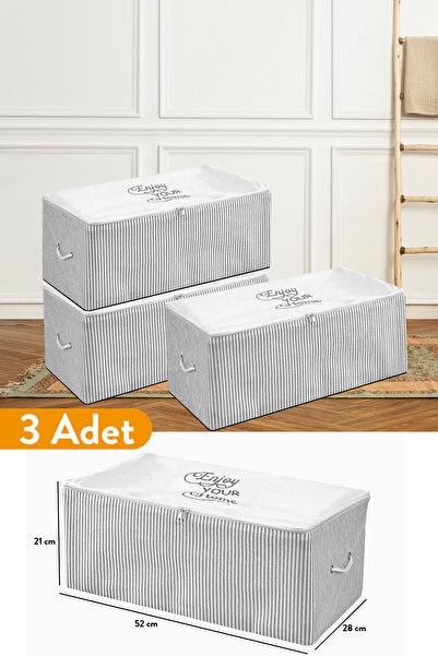 Serstil 3 Adet - Küçük Boy Baskı Detaylı Gri Çizgili Hurç 52 X 28 X 21 Cm