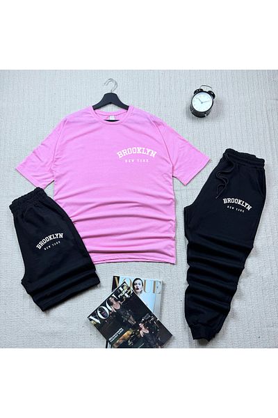 khufu Oversize Pink Relaxed Fit Brooklyn Printed T-shirt Black Shorts and Sweatpants 3-Piece Set Unisex