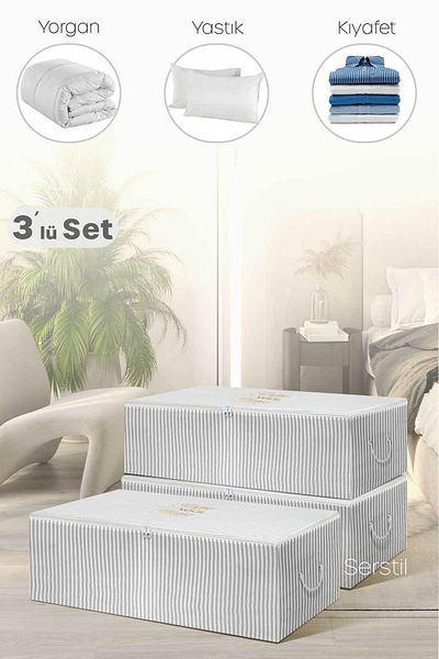 Serstil 3 Pieces - Large Size Plinth Storage Box with Gray Stripes 62 x 46 x 22 cm
