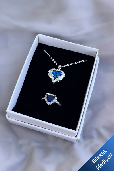 The Collection Okyanusun Kalbi Çelik Kolye Ve Mavi Zirkon Ayarlanabilir Yüzük