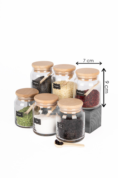 Lizzy 6’ Lı Ahşap Vakumlu Bambu Kapaklı Kaşıklı Lüks Baharatlık Takımı 300 ml CAM