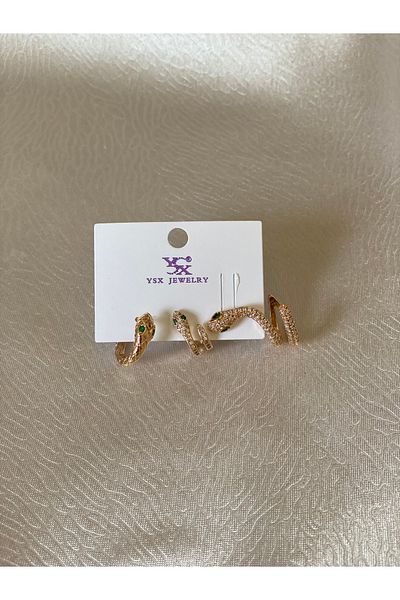 Magicway 3-Piece Steel Green-White Zircon Cubic Zirconia Snake Pattern Gold and Silver Earrings