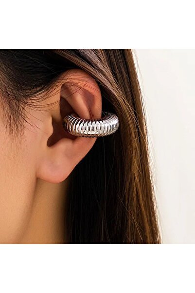 Rachel Silver Kalın Tırtıklı Boru Plaka Kıkırdak Küpe-Çift Adet