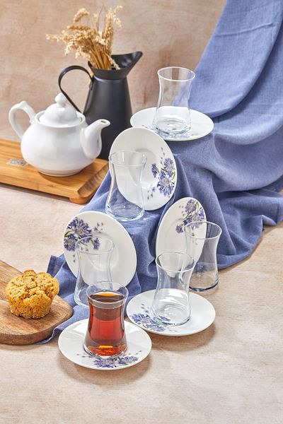 ŞAKİLATA CONCEPT 6-Person 12-Piece Porcelain Morsumbul Tea Set - with Glass Cup