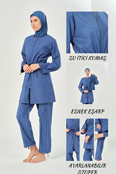 myfirstsea Kadın Düz Renk Tesettür Mayo Pantolon Bone Eşarp Tunik Tam Set Su İtici Tesettür Mayo