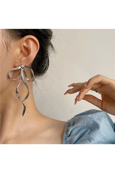 Rachel Large Bow Model Metal Earrings - 9 cm Silver