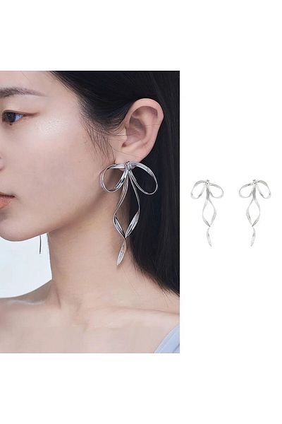 Rachel Large Bow Model Metal Earrings - 9 cm Silver