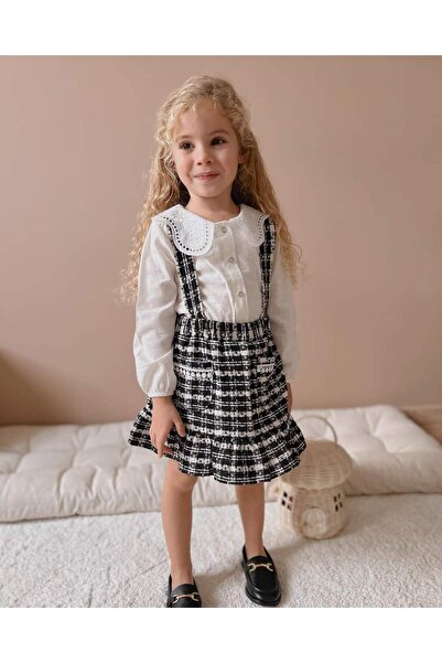 Genel Markalar Kız Çocuk Gömlekli Yakası Dantelli Salopet Tüvit Elbise
