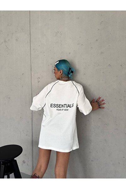 MHM FASHİON تي شيرت كبير الحجم من القطن بخيطين للجنسين مطبوع عليه FEAR OF GOD KD