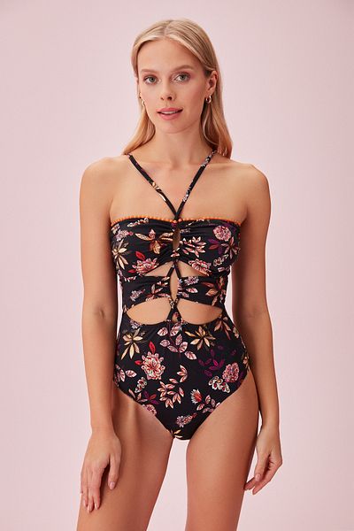 SUWEN Detailed Bandeau Patterned Swimsuit