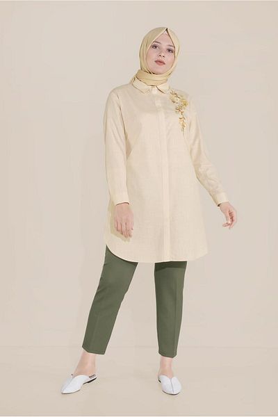 TRENDTESETTÜR Women's Brown (CAMEL) Floral Embroidered Buttoned Cotton Tunic 20047