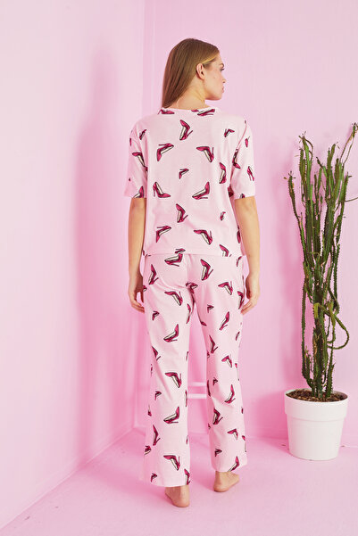 Siyah İnci pembe ayakkabı desenli Örme Pamuklu Pijama Takım