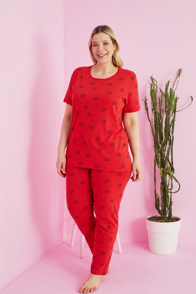 Siyah İnci Red Flower Patterned Curve Plus Size Battal Height Knitted Cotton Pajama Set