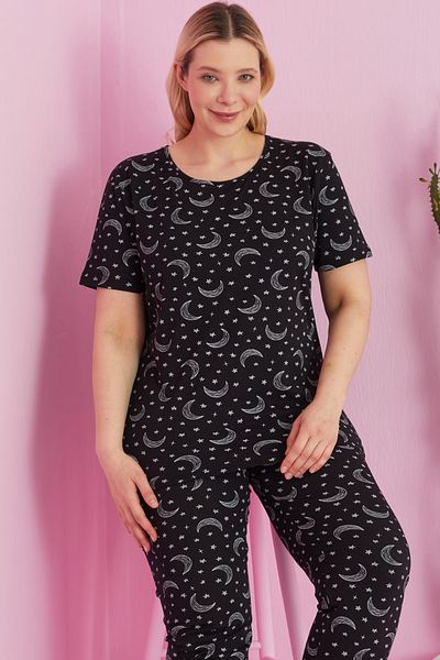 Siyah İnci Čierny mesiac vzorovaný Curve Plus Size Battal Height Pletená bavlnená pyžamová súprava