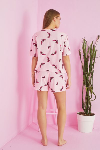 Siyah İnci Cotton Knitted Shorts and Pajama Set - Pink Patterned Shoes