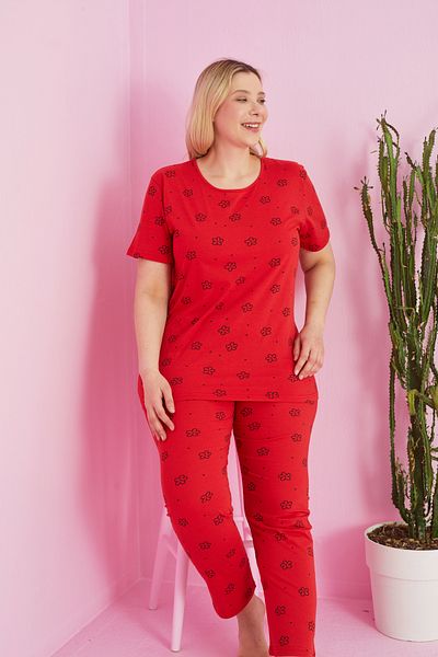 Siyah İnci Red Flower Patterned Curve Plus Size Battal Height Knitted Cotton Pajama Set