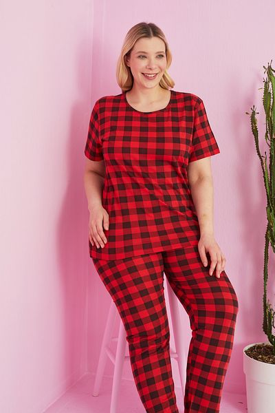 Siyah İnci Plaid Patterned Curve Plus Size Battal Height Knitted Cotton Pajama Set