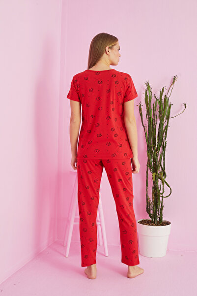 Siyah İnci Red flower patterned Knitted Cotton Pajamas Set