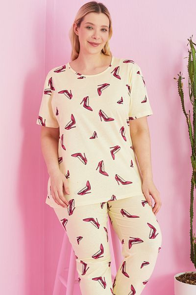 Siyah İnci Plus Size Yellow Knitted Pajama Set - Curve Patterned, Oversize