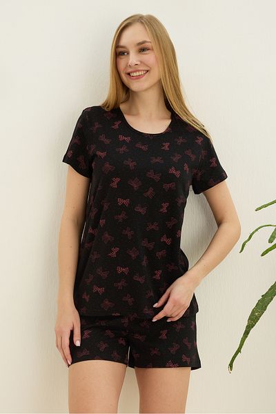 Siyah İnci Set pantaloni scurți-pijamale din bumbac cu model panglică neagră