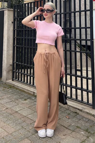 Madmext Camel Krinkıl Kumaş Basic Kadın Plaj Pantolon Mg1778