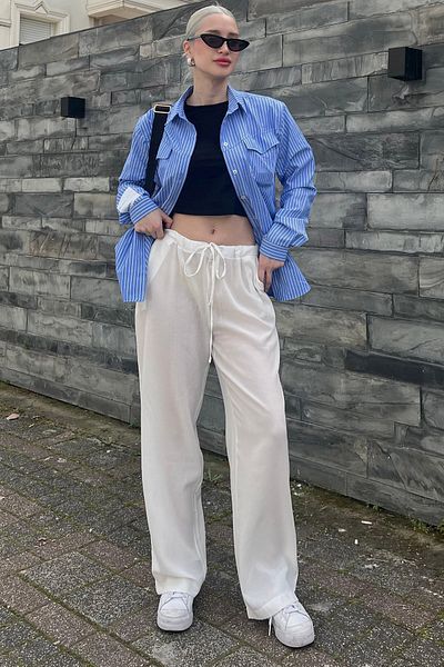 Madmext Weiße Basic-Strandhose für Damen aus Crinkle-Stoff