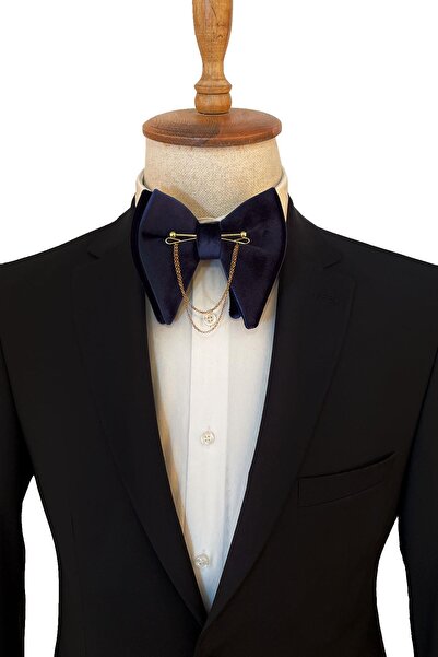 Kravatkolik Navy Blue Velvet Large Bow Tie with Chain P1404