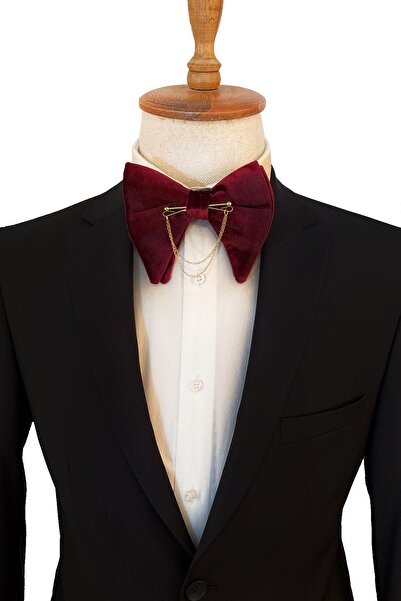 Kravatkolik Altın Renk Zincirli Bordo Kadife Büyük Papyon P1403