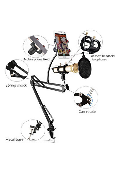 Coverzone Masa Tipi Mikrofon Standı 3 Eklemli Açısı Ayarlanabilir Kullanımı Kolay Mengene Tipi Stand MS61P
