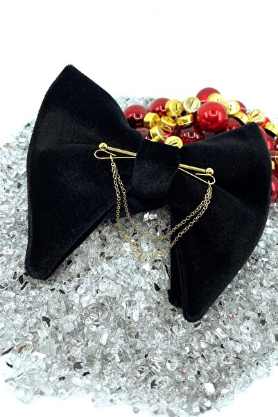 Kravatkolik Black Velvet Big Bow Tie with Gold Color Chain P1405