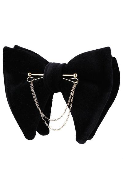 Kravatkolik Black Velvet Big Bow Tie with Gold Color Chain P1405