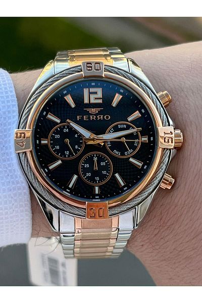 FERRO Steel Cord Inner Functions 30 Mt Waterproof Men's Wristwatch with Active Calendar EFM11248-E2